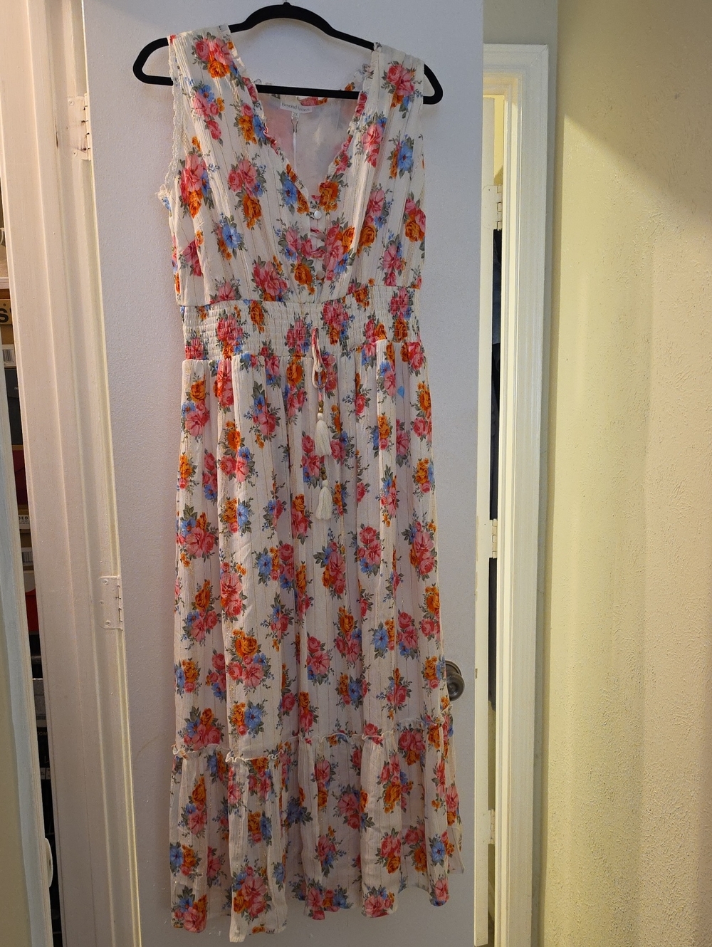 Sleeveless Floral V-Neck Maxi Dress in White with Pink & Orange Blooms